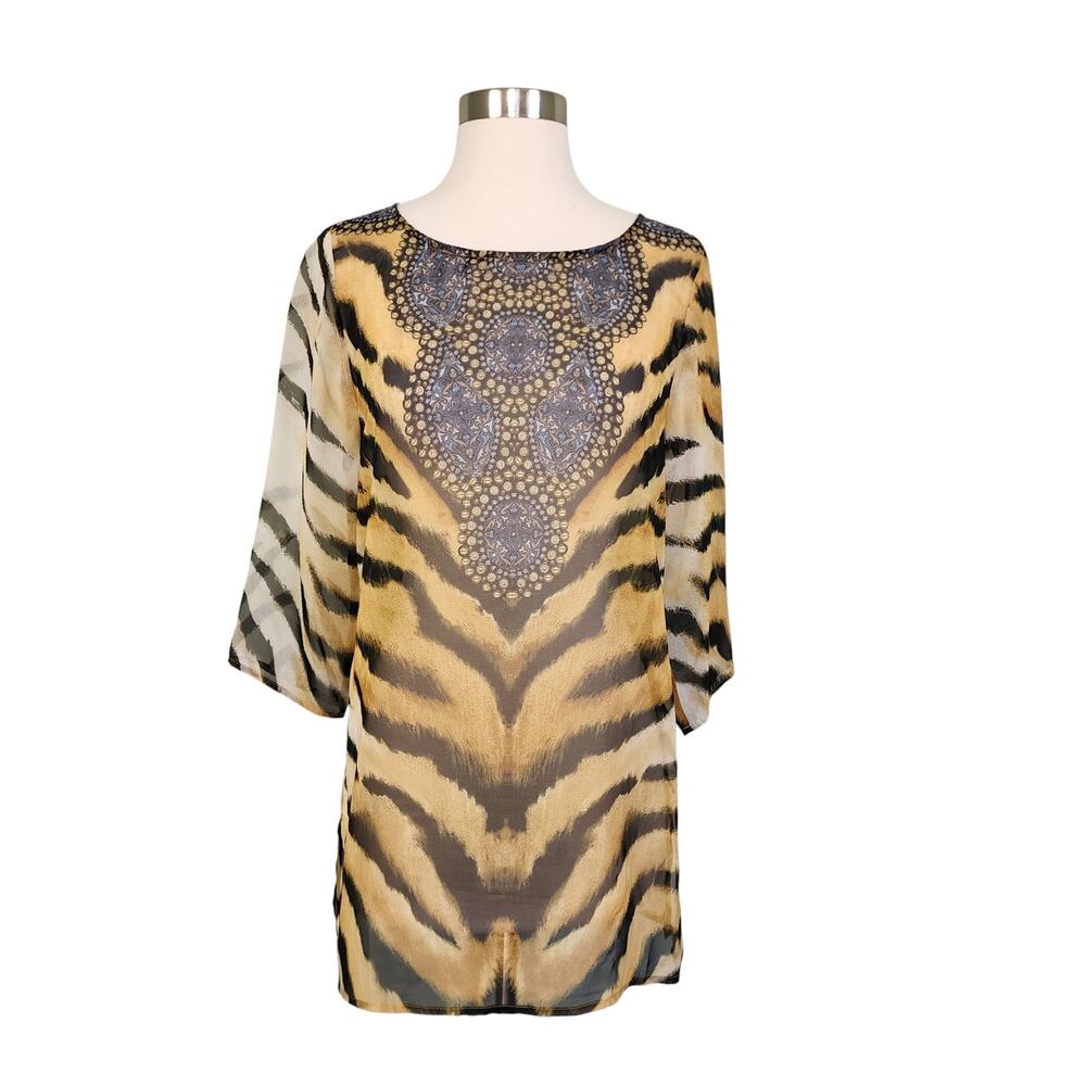 Chicos Womens Sheer Tunic Blouse Size‎ Small Tiger Animal Print Old Money